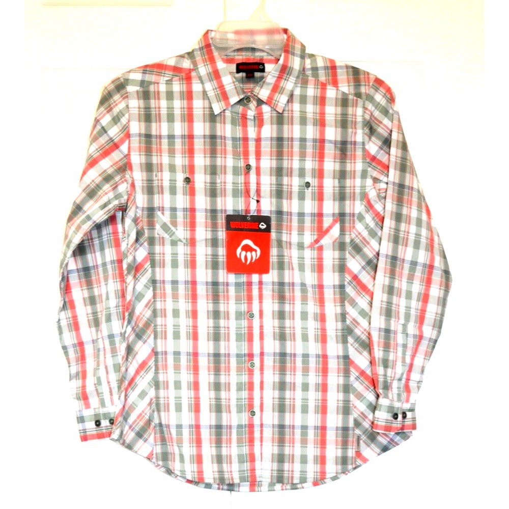 Wolverine Sidney Shirt Women's Size M Long Sleeve Roll Tab Coral Green Plaid‎